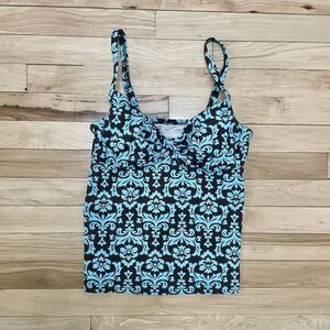 Lands End Tankini Swimsuit Top Size 4 Built In Cups Blue Brown Damask Floral